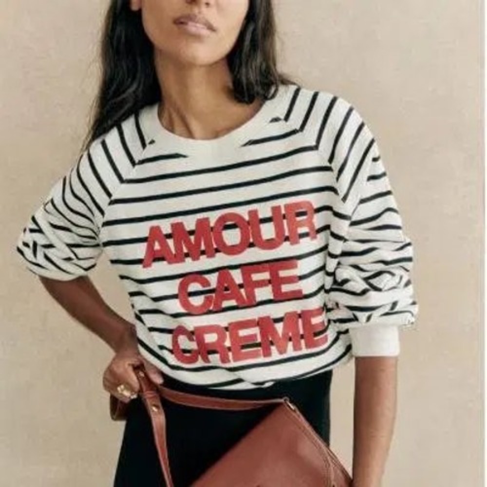 Sezane Amour Cafe Creme Striped Sweatshirt XS Black White Red Graphic Raglan